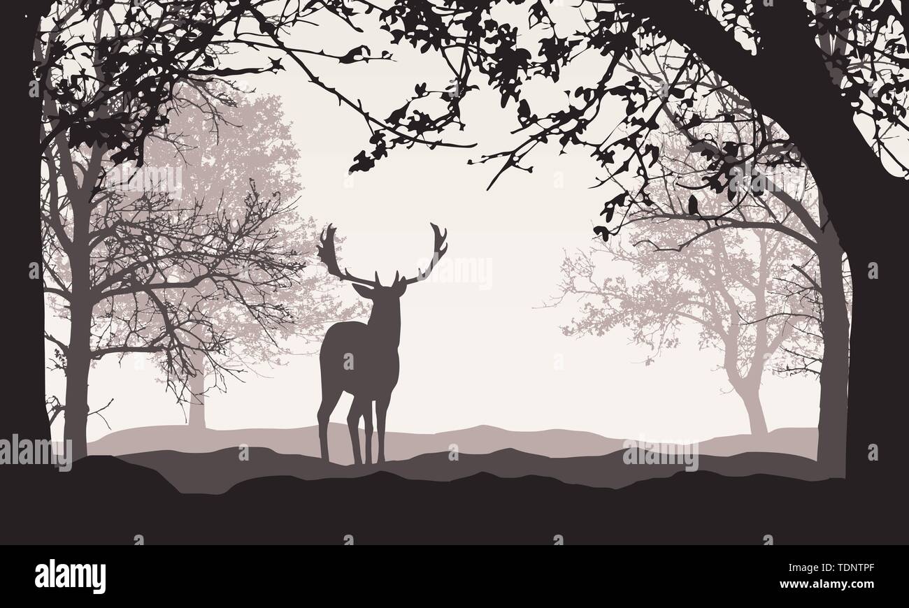 Realistic illustration of landscape with forest, trees and hills, under retro color sky with space for text. Standing deer - vector Stock Vector
