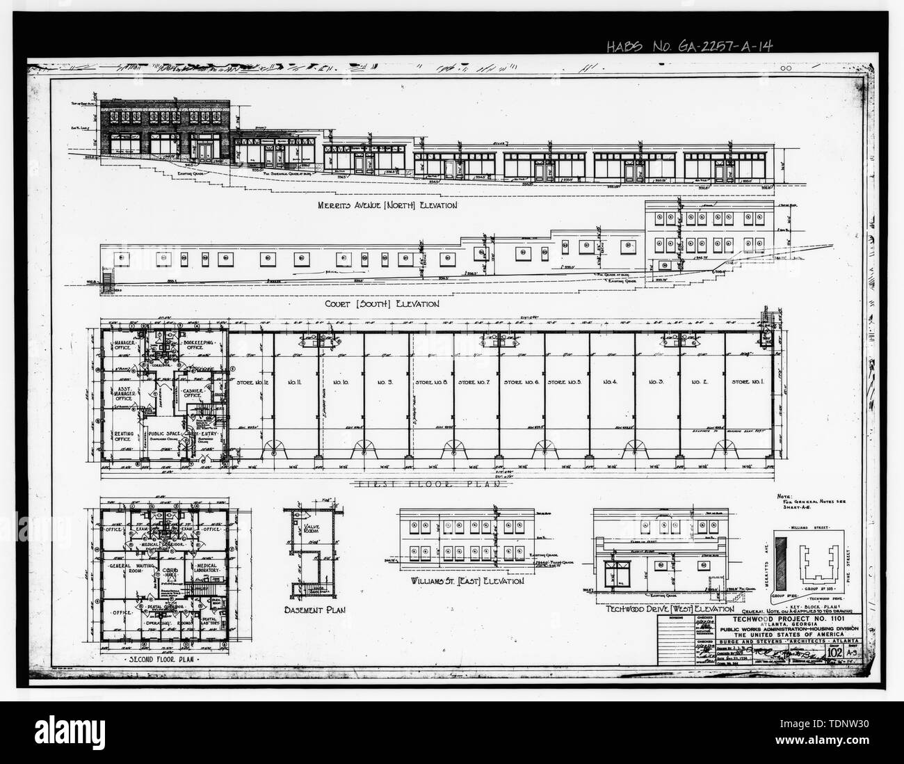 Photocopy of Drawing (November 1934 Architectural Drawings by Burge and Stevens, in Possession of the Engineering and Capital Improvements Department of the Atlanta Housing Authority, Atlanta, Georgia). FLOOR PLANS AND ELEVATIONS, ADMINISTRATION BUILDING AND STORE, TECHWOOD PROJECT -1101, SHEET A-9. - Techwood Homes, Store and Administration Building, 114-138 Merrit Avenue, Atlanta, Fulton County, GA Stock Photo