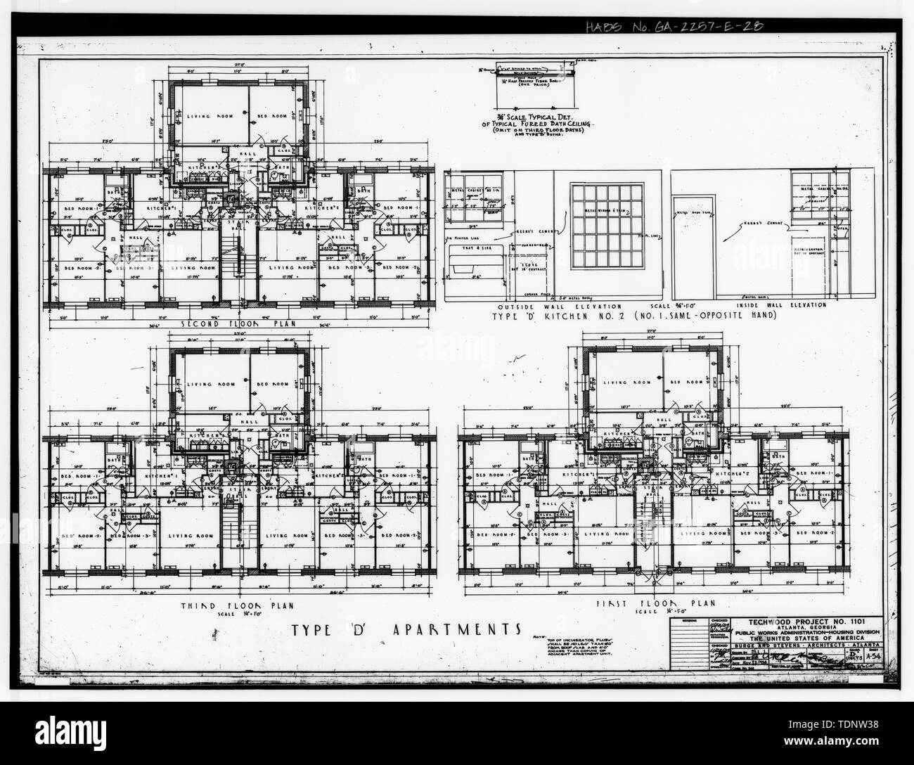 Photocopy of Drawing (November 1934 Architectural Drawings by Burge and Stevens, in Possession of the Engineering and Capital Improvements Department of the Atlanta Housing Authority, Atlanta, Georgia). FLOOR PLANS, TYPE 'D' APARTMENTS, KITCHEN ELEVATIONS, TECHWOOD PROJECT -1101, SHEET A-54. - Techwood Homes, Building No. 3, 559 Techwood Drive and 129-135 Merrit Avenue, Atlanta, Fulton County, GA Stock Photo