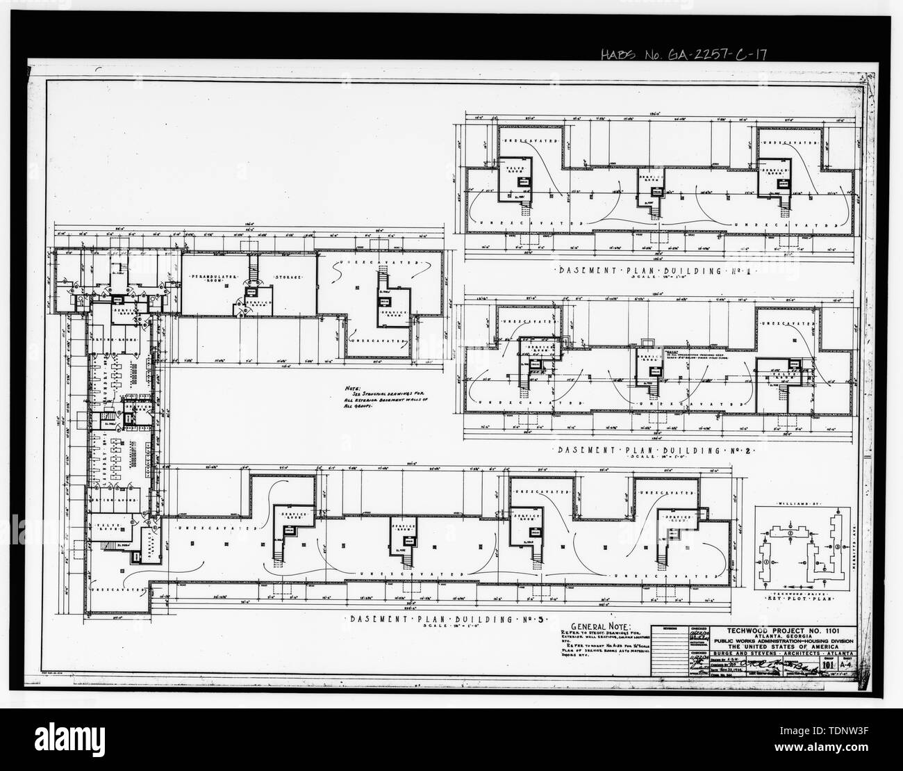 Photocopy of Drawing (November 1934 Architectural Drawings by Burge and Stevens, in Possession of the Engineering and Capital Improvements Department of the Atlanta Housing Authority, Atlanta, Georgia). BASEMENT PLANS, BUILDINGS 1,2, AND 3, TECHWOOD PROJECT -1101, SHEET A-4. - Techwood Homes, Building No. 1, 575-579 Techwood Drive, Atlanta, Fulton County, GA Stock Photo