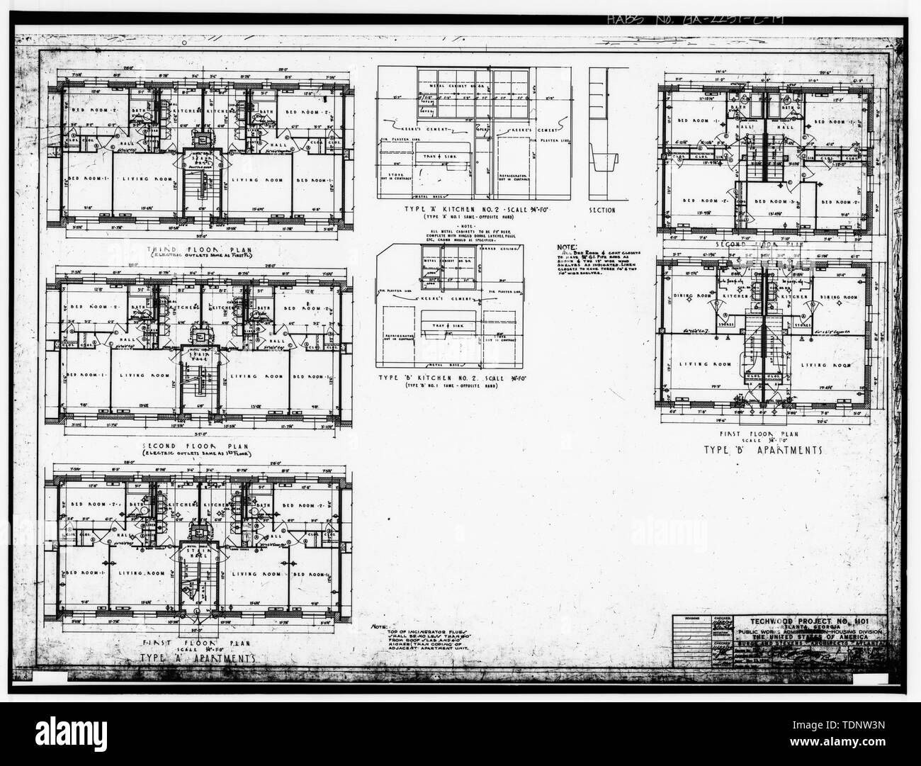 Photocopy of Drawing (November 1934 Architectural Drawings by Burge and Stevens, in Possession of the Engineering and Capital Improvements Department of the Atlanta Housing Authority, Atlanta, Georgia). FLOOR PLANS, TYPE 'A' APARTMENTS, FLOOR PLANS, TYPE 'B' APARTMENTS, KITCHEN ELEVATIONS, TECHWOOD PROJECT -1101, SHEET A-52. - Techwood Homes, Building No. 1, 575-579 Techwood Drive, Atlanta, Fulton County, GA Stock Photo