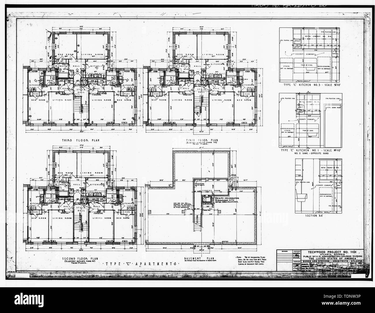 Photocopy of Drawing (November 1934 Architectural Drawings by Burge and Stevens, in Possession of the Engineering and Capital Improvements Department of the Atlanta Housing Authority, Atlanta, Georgia). FLOOR PLANS, TYPE 'C' APARTMENTS, KITCHEN ELEVATIONS, TECHWOOD PROJECT -1101, SHEET A-53. - Techwood Homes, Building No. 1, 575-579 Techwood Drive, Atlanta, Fulton County, GA Stock Photo
