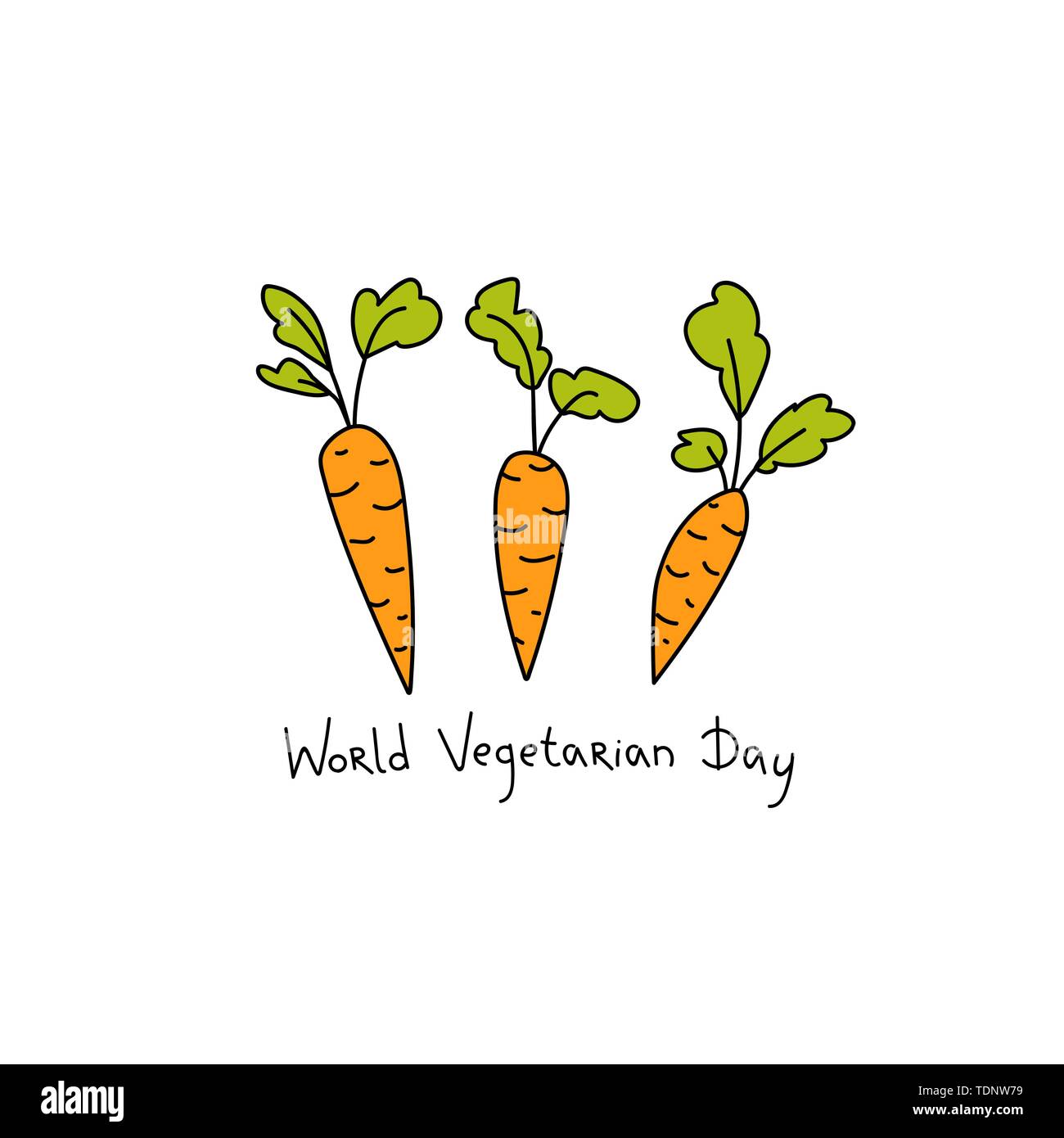 Three orange carrots with green rods on the white background. Vector bright cartoon card. Row, fresh, eco, vegan, organic. World Vegetarian Day. Stock Vector