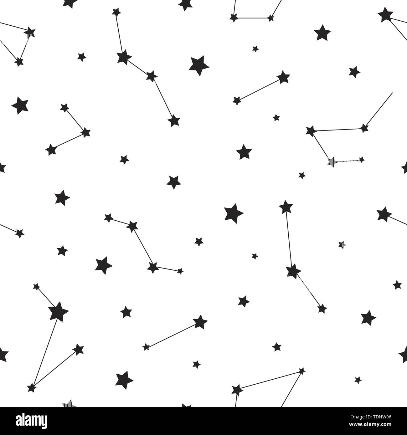 Seamless pattern with black constellations and stars on white background. Vector illustration. Night sky, universe, space. Galaxy background. Cosmos t Stock Vector
