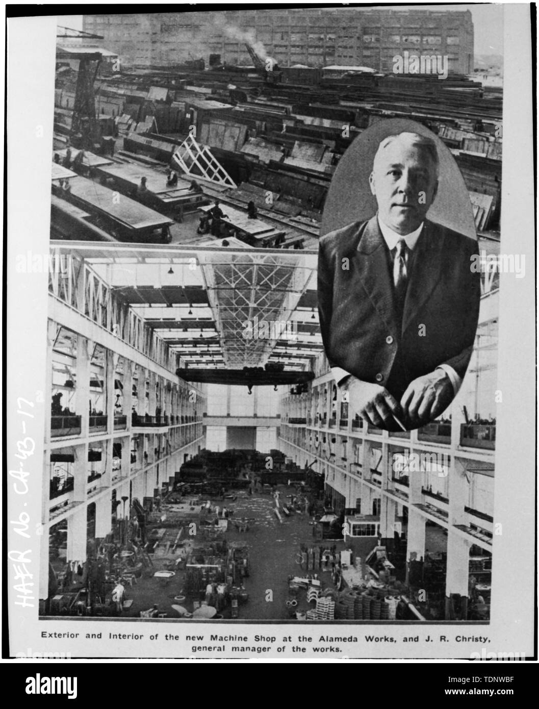 Photocopy of Photograph (From Bethlehem Shipbuilding Ltd., New York, New York, 1919) COMPOSITE PHOTOGRAPH SHOWING AN EXTERIOR AND INTERIOR VIEW OF THE MACHINE SHOP AND AN INSET OF THE GENERAL MANAGER - Union Iron Works Turbine Machine Shop, 2200 Webster Street, Alameda, Alameda County, CA Stock Photo