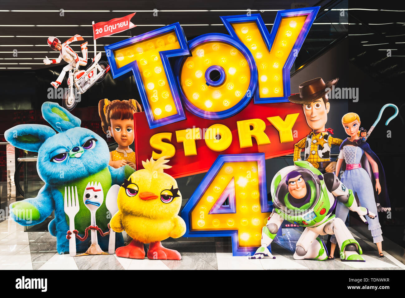 Bangkok, Thailand - Jun 17, 2019: Toy Story 4 movie backdrop display with cartoon characters in movie theatre. Cinema promotional advertisement Stock Photo