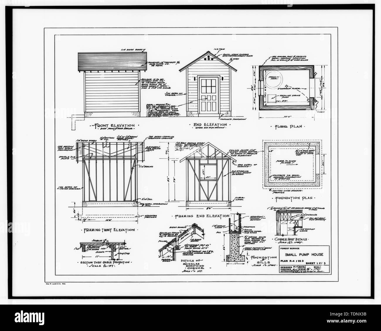 Photocopy of Sheet 1 of Building Plan R4-95D, (USDA, Forest Service, Intermountain Region, Ogden. File 7300, 'Buildings'.) ELEVATION, FRAMING AND CONSTRUCTION DETAILS - Buffalo Guard Station, Pumphouse, U.S. Highway 20-191 at Buffalo River, Island Park, Fremont County, ID Stock Photo