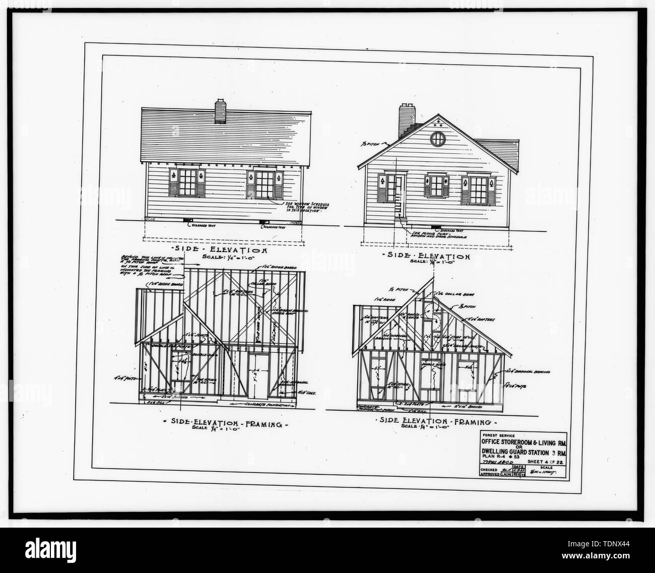 Photocopy of Sheet 4 of Building Plan R4-53 (USDA, Forest Service, Intermountain Region, Ogden. File 7300, 'Buildings'.) SIDE ELEVATION AND FRAMING - Buffalo Guard Station, Residence, U.S. Highway 20-191 at Buffalo River, Island Park, Fremont County, ID Stock Photo