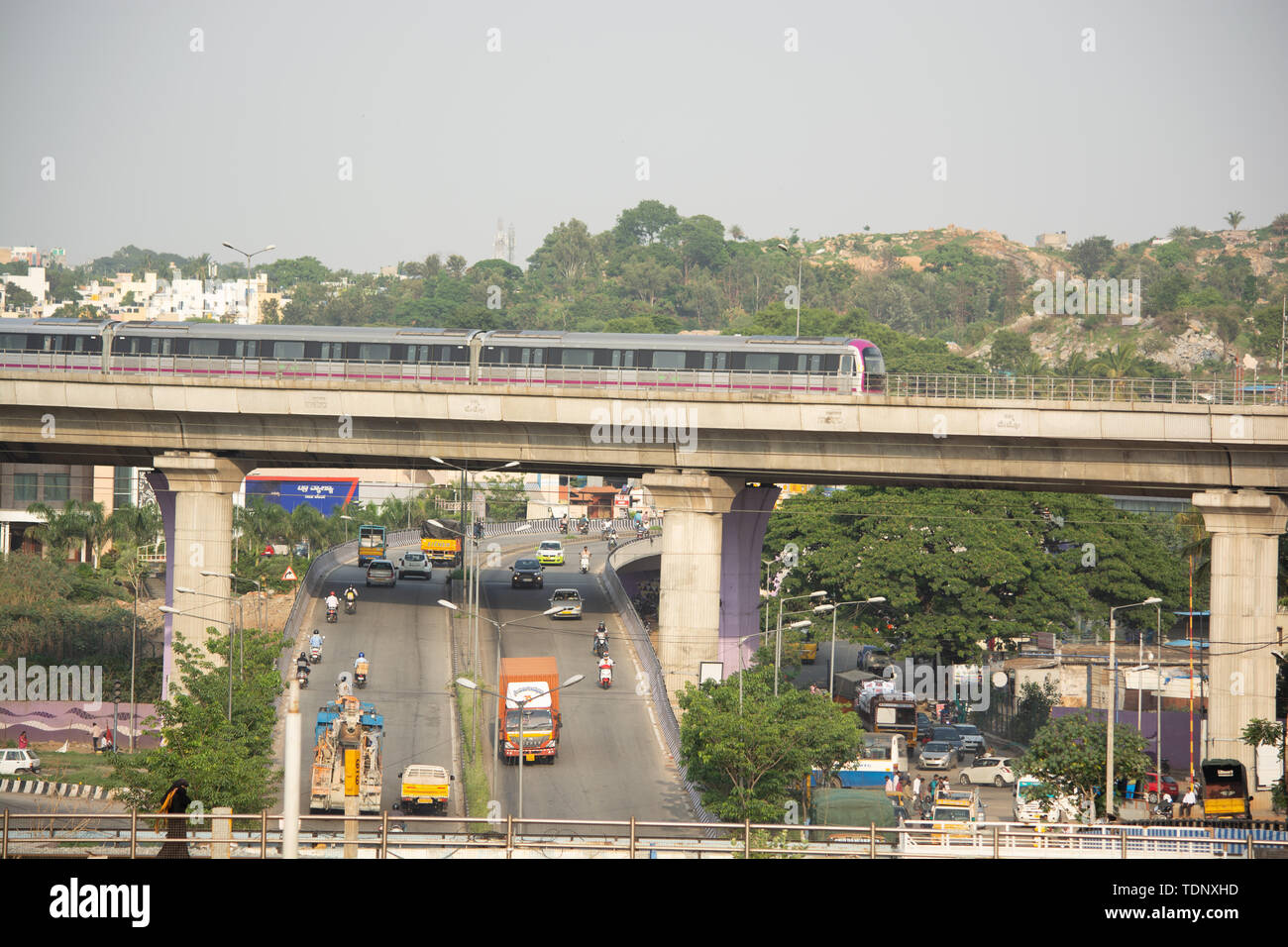 BANGALORE INDIA June 1, 2019 :Bengaluru Metro train moving on the bridge new Mysore road Bengaluru, India. Stock Photo