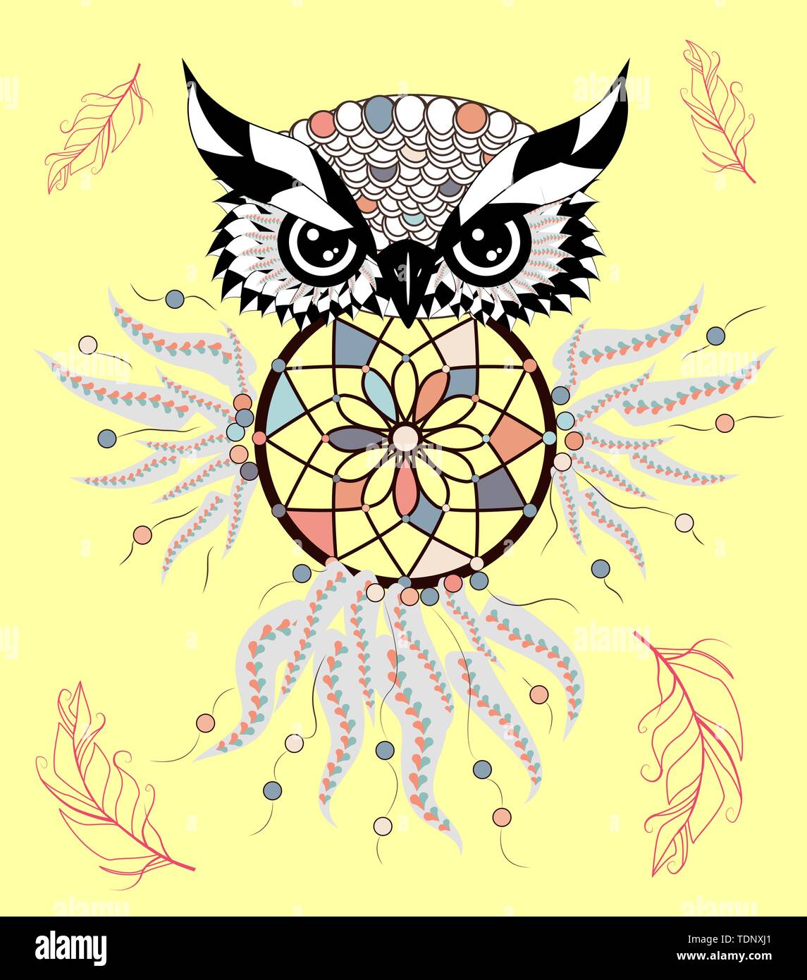Dreamcatcher Owl Tattoo art - Dreamcatcher Owl Tattoo Art Mystic Symbol Abstract Feathers Print American Indians Symbol Design For Spiritual Relaxation For Adults TDNXJ1 