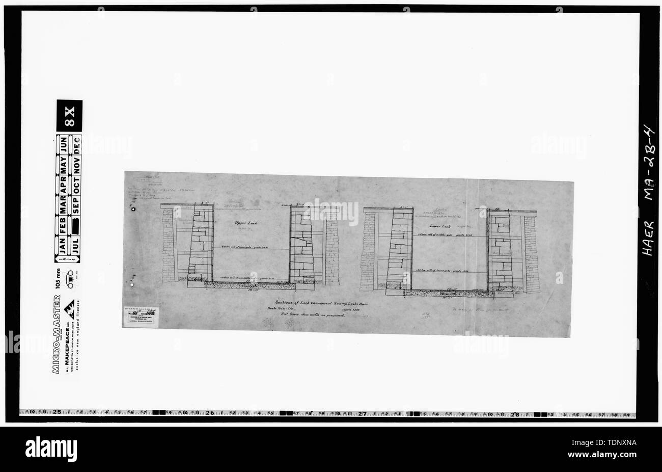 Photocopy of a drawing (original in the Collection of the PLandC, Shelf 144, Drawing 13) SECTIONS OF LOCK CHAMBERS AT SWAMP LOCKS DAM, APRIL 1890 - Pawtucket Canal, Swamp Locks, Pawtucket and Merrimack Canals, Lowell, Middlesex County, MA; Proprietors of the Locks and Canals on the Merrimack River; Jackson, Jonathan; Clark, Thomas; Boott, Kirk; Merrimack Manufacturing Company; Jackson, Patrick Tracy; Francis, James B; Appleton Manufacturing Company; Lowell Manufacturing Company; Griffin, Douglas L, project manager; Comp, T Allan, project manager; Malone, Patrick M, project manager; Parrott, Ch Stock Photo