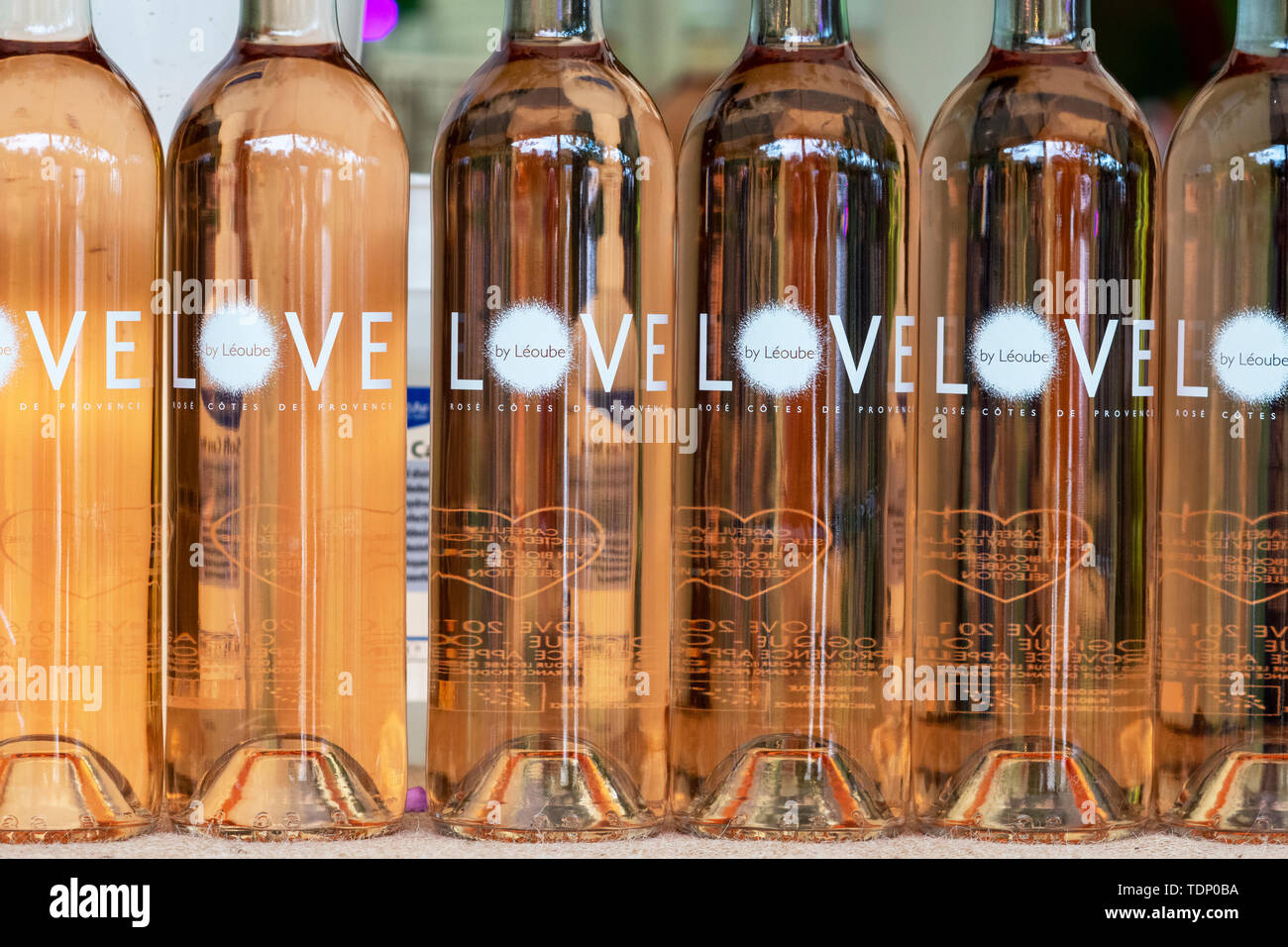 Love by Leoube Organic Provence Rose Wine bottles at Daylesford Organic farm summer festival. Daylesford, Gloucestershire, Cotswolds, UK Stock Photo