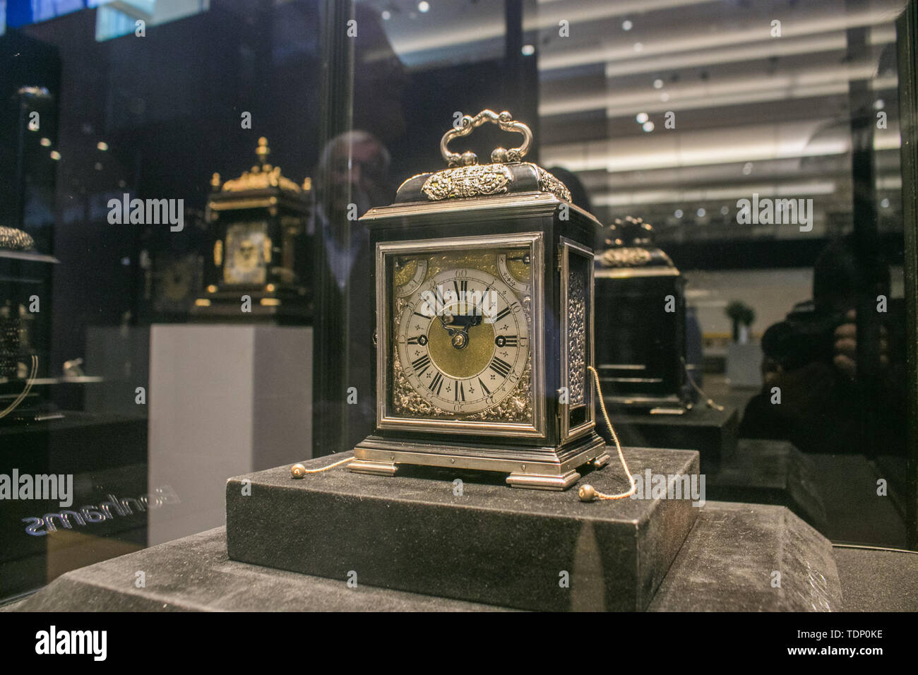 The King William & Queen Mary Royal Tompion table clock made by master clockmaker Thomas Tompion for Queen Mary II in 1693, one of the most valuable clocks featured  in the World's Most valuable clocks from the Clive Collection and is expected to fetch in excess of GBP 2,000,000 is to appear at auction at Bonhams New Bond Street in London. Stock Photo