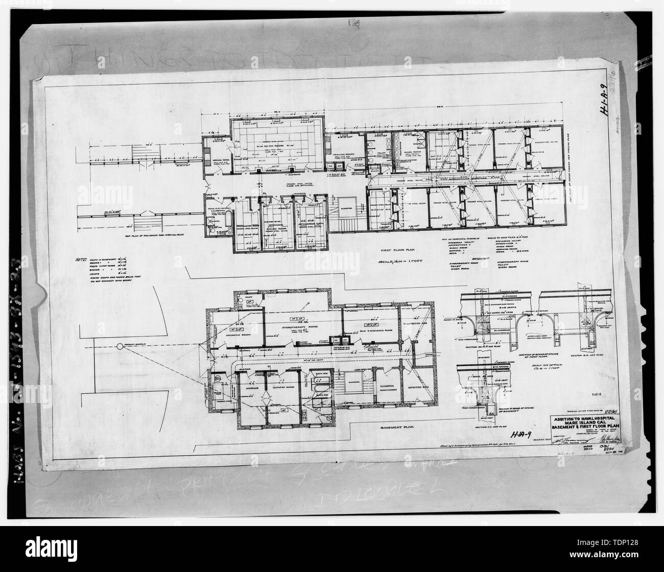Photocopy of drawing located at National Archives, San Bruno California  (Navy- H-1-A-9). Additions to Naval Hospital Mare Island Cal basement and  first floor plan; November 25, 1909. - Mare Island Naval Shipyard,