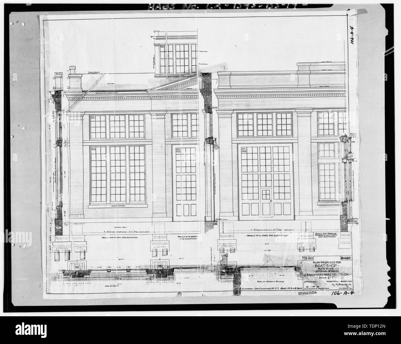 Photocopy of drawing located at National Archives, San Bruno, California (Navy - 106-A-4). Plan proposed for boat shop building no. 106 US Navy Yard Mare Island, Cal details of exterior details; February, 1902. - Mare Island Naval Shipyard, Boat Shop, California Avenue, west side between Ninth and Tenth Streets, Vallejo, Solano County, CA Stock Photo