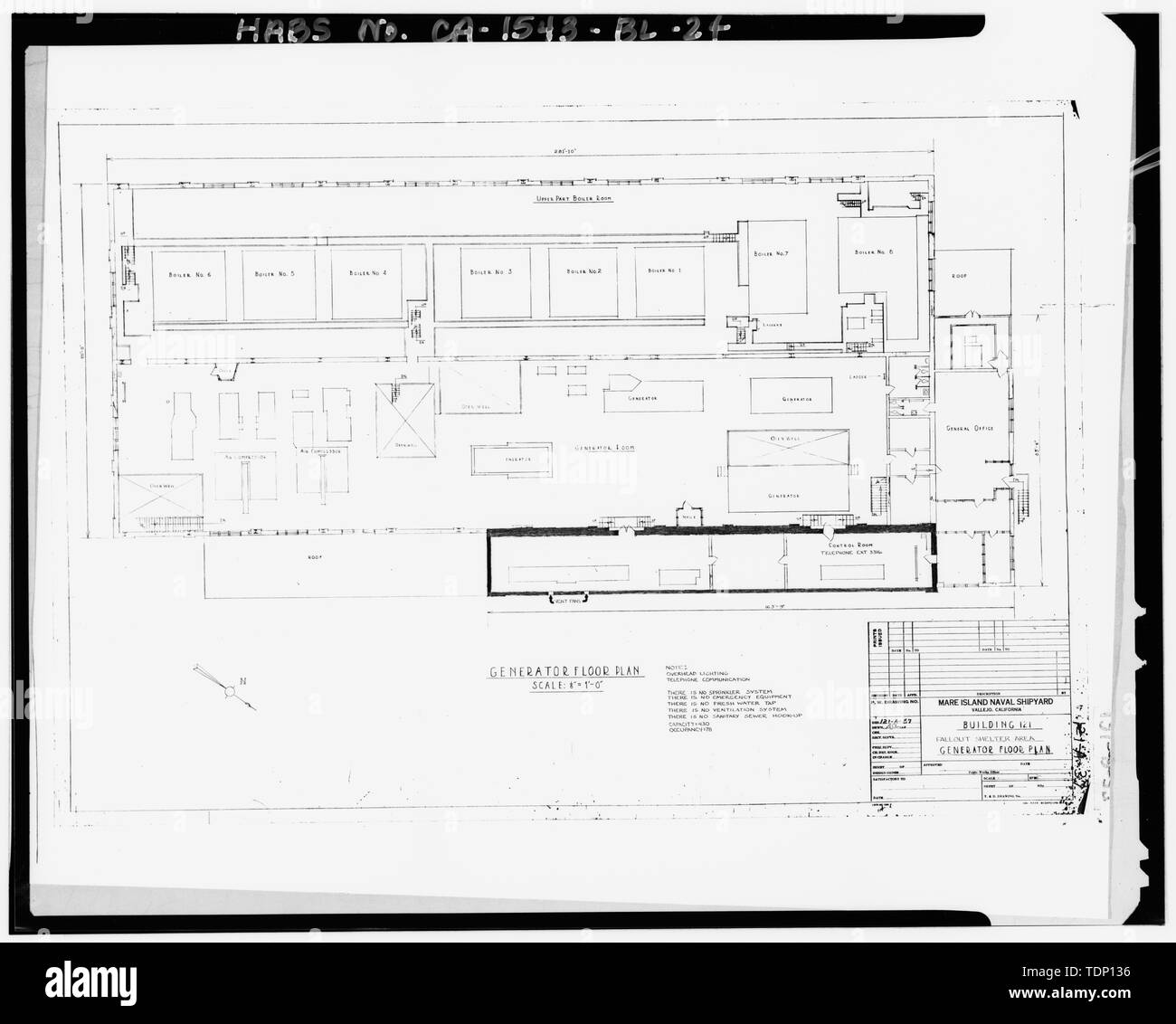 Photocopy of drawing located at National Archives, San Bruno, California  (Navy - 121-A-37). Minsy building 121 fallout shelter area generator floor  plan; N.D. - Mare Island Naval Shipyard, Central Power Plant, California