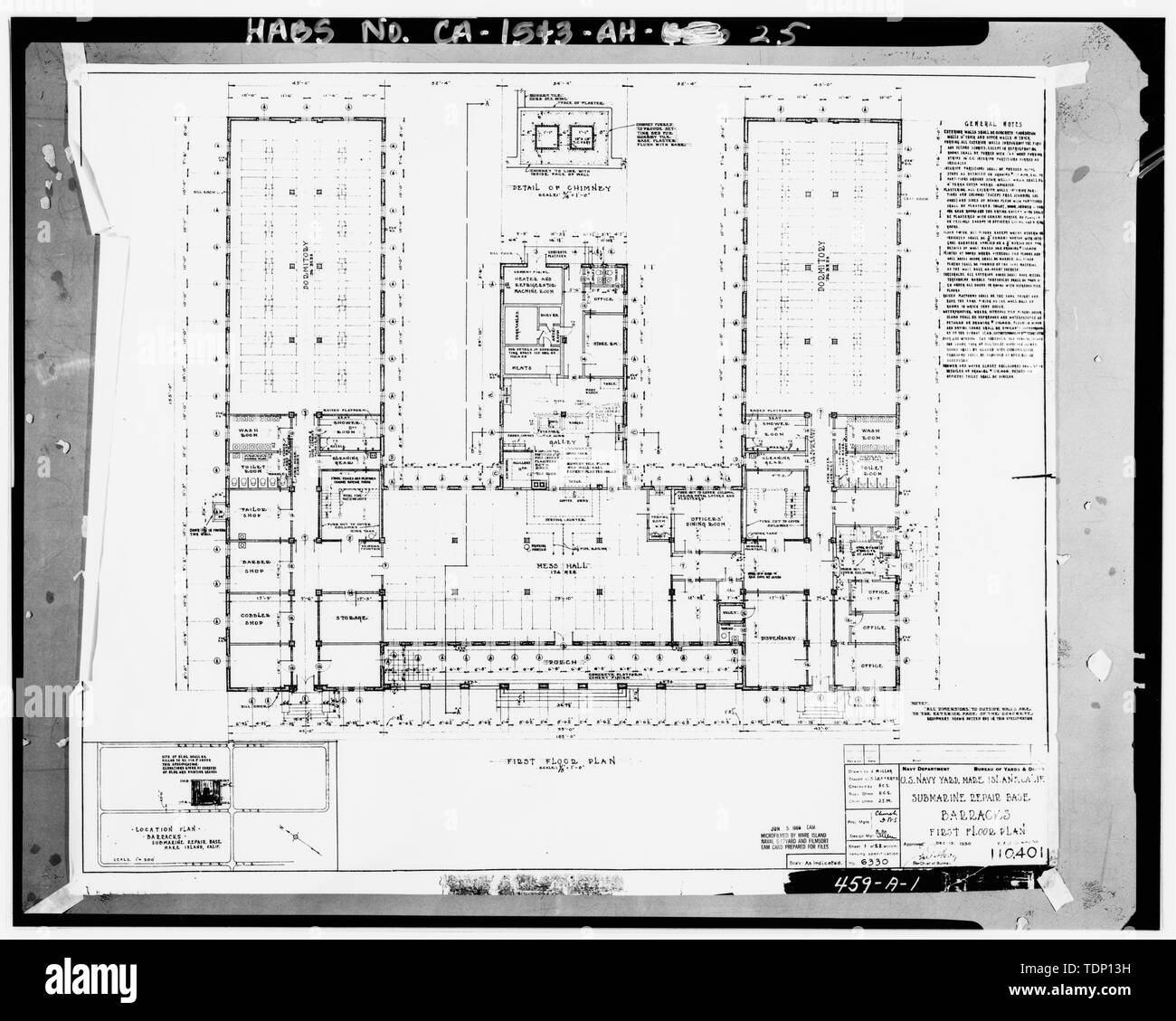 Photocopy of drawing located at National Archives, San Bruno, California  (Navy - 459-A-1). FIRST FLOOR PLAN; DECEMBER, 1930 - Mare Island Naval  Shipyard, Bachelor Enlisted Quarters and Offices, Walnut Avenue, east side