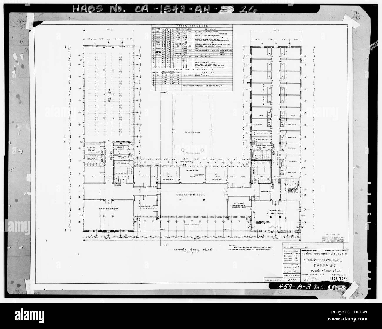Photocopy of drawing located at National Archives, San Bruno, California  (Navy - 459-A-3). SECOND FLOOR PLAN; DECEMBER, 1930 - Mare Island Naval  Shipyard, Bachelor Enlisted Quarters and Offices, Walnut Avenue, east side