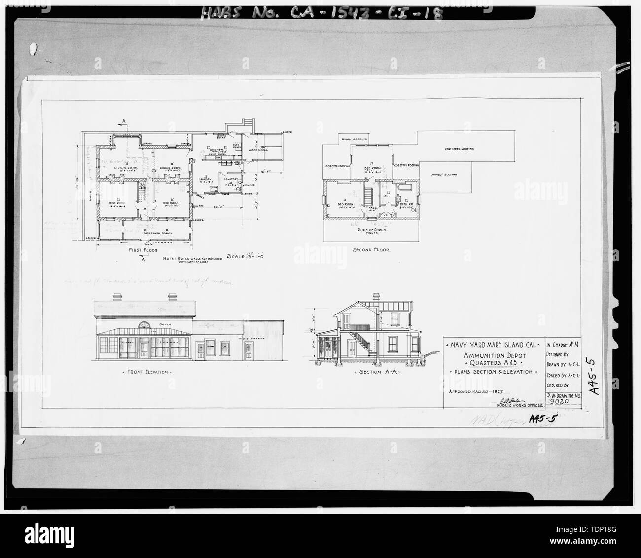 Photocopy of drawing located at National Archives, San Bruno, California  (Navy - A45-5). Navy Yard Mare Island, Cal. Ammunition depot quarters A45  plans, sections, elevations; March 30, 1927. - Mare Island Naval