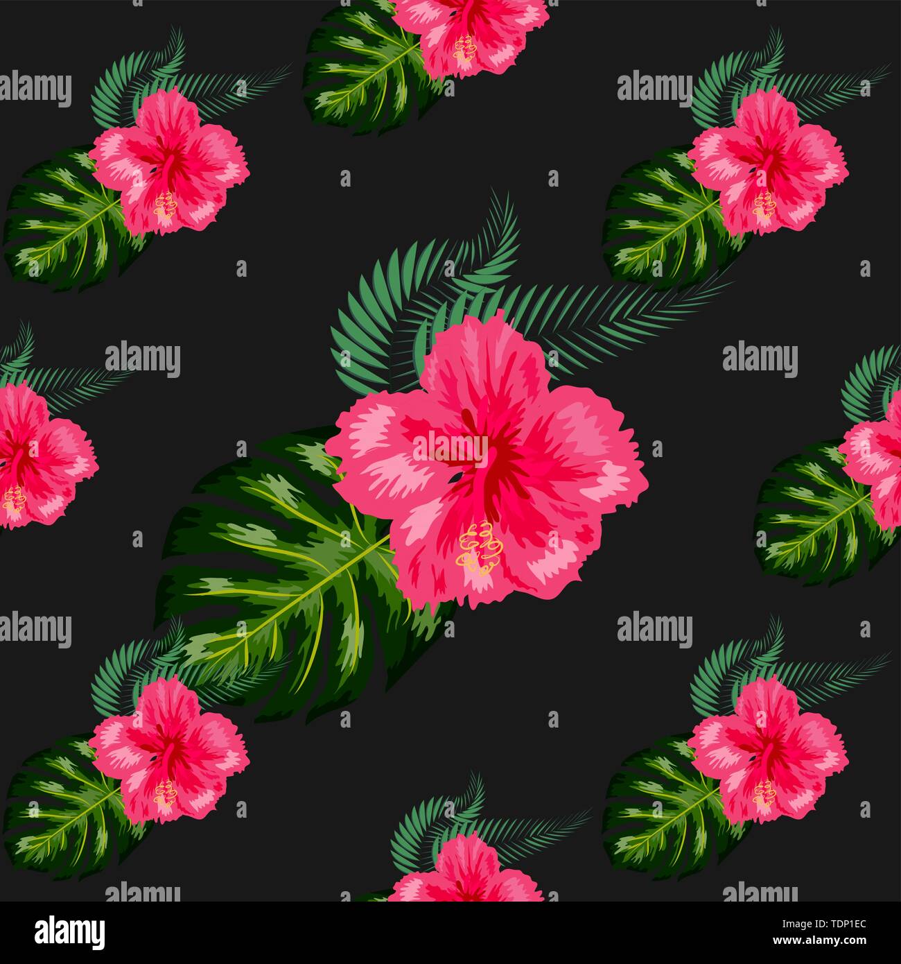 Seamless pattern with tropical leaves and hibiscus flowers Stock Vector ...
