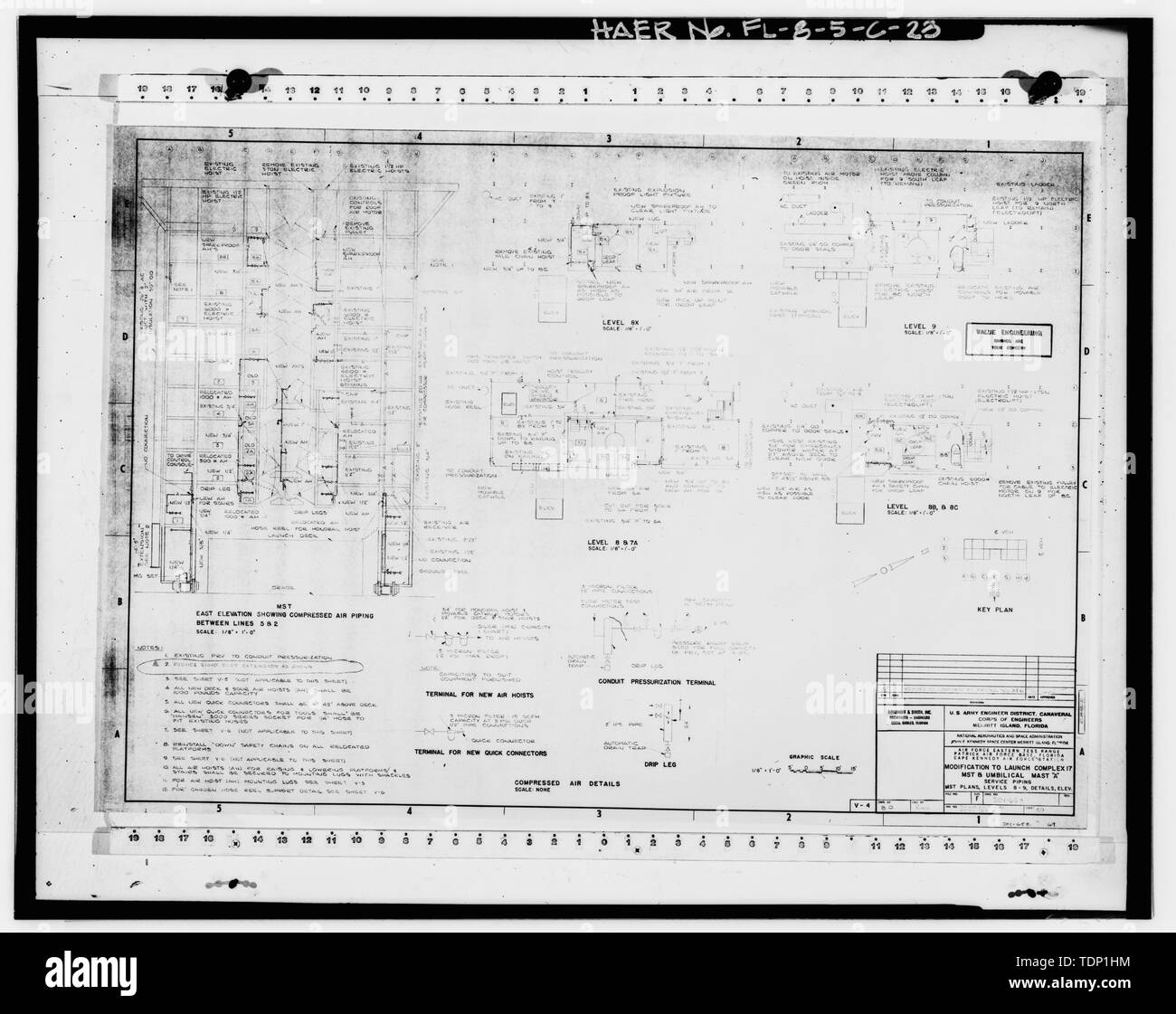 Photocopy of engineering drawing. MODIFICATION TO LAUNCH COMPLEX 17 MST AND UMBILICAL MAST 'A'- SERVICE PIPING, MST PLANS, LEVELS 8-9, DETAILS, ELEVATIONS, MARCH 1967. - Cape Canaveral Air Station, Launch Complex 17, Facility 28416, East end of Lighthouse Road, Cape Canaveral, Brevard County, FL Stock Photo