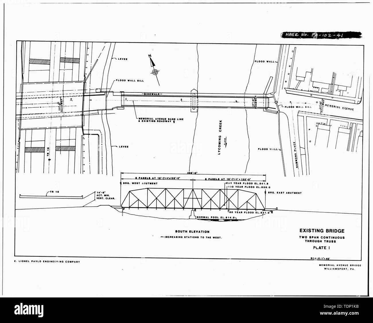 Photocopy of engineering drawing titled 'Existing Bridge, Two Span Continuous Through Truss' (original in files of District 3-0, Pennsylvania Department of Transportation, Montoursville), 1984 PLAN AND SOUTH ELEVATION - Memorial Avenue Bridge, Spanning Lycoming Creek, Williamsport, Lycoming County, PA; Groton Bridge and Manufacturing Company; Pennsylvania Department of Transportation; Yule, Jordan Associates; Wilson, Nathan D; Corbe, Christine, historian; Mohar, Lawrence, photographer Stock Photo