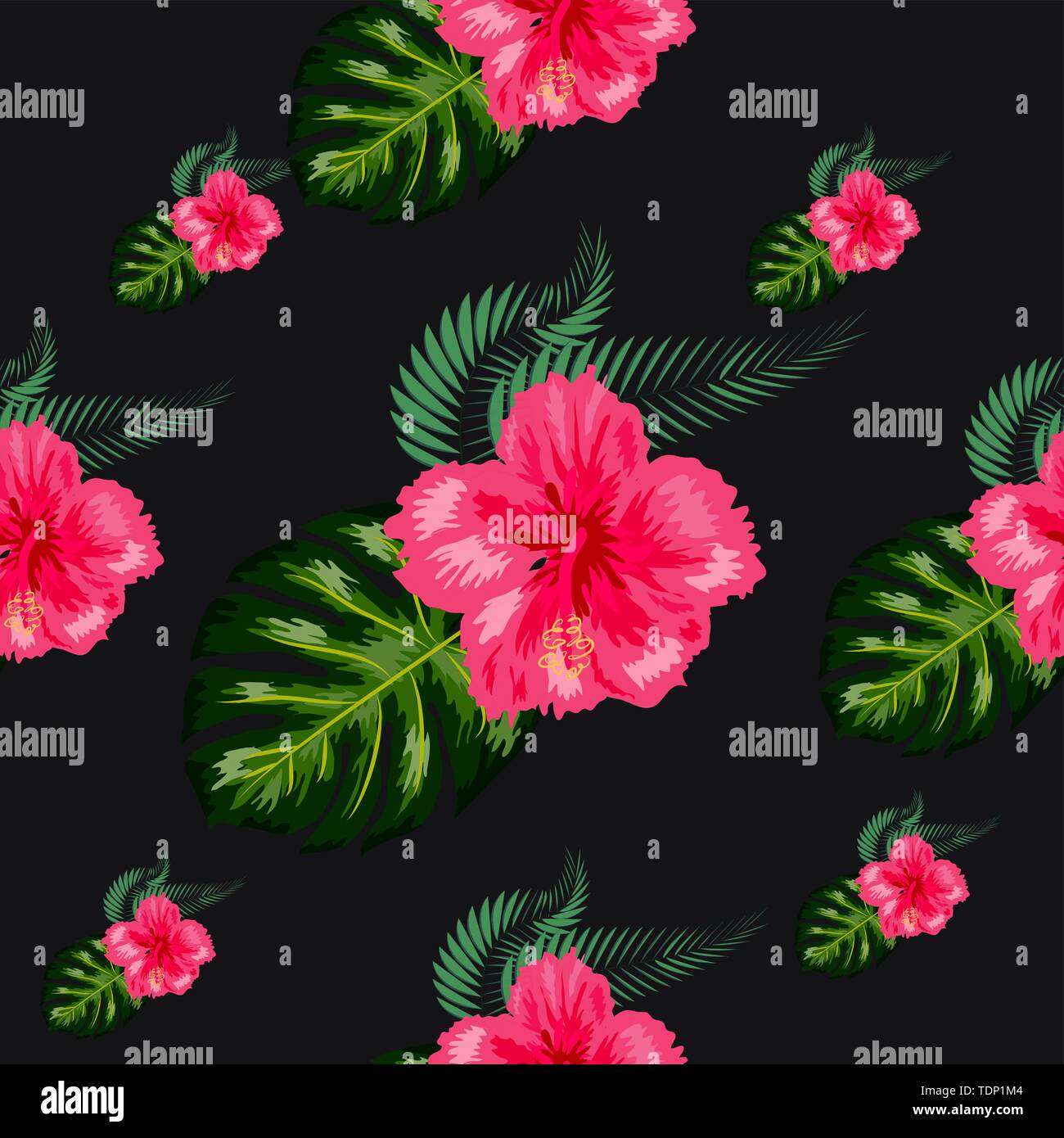 Seamless pattern with tropical leaves and hibiscus flowers Stock Vector ...