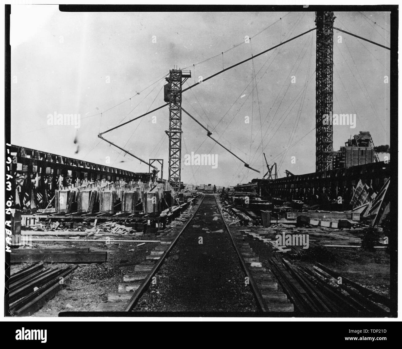 Photocopy of historic photograph of construction plant in operation, ca. 1917-19. From the Joseph E. Stimson Collection, Wyoming State Archives Museum and Historical Department. VIEW BETWEEN TRESTLES 4 AND 5, LOOKING SOUTH - Rock River Union Pacific Snowshed Plant, .6 Mile North of Rock River, Rock River, Albany County, WY; Union Pacific Transcontinental Railroad; Wyoming State Highway Department Stock Photo