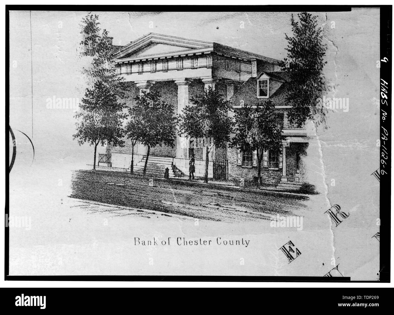 Photocopy of illustration on Map of Chester County Pennsylvania, by T.J. Kennedy, published by R.L. Barnes, Philadelphia, Pennsylvania, 1856 SOUTHWEST CORNER, 1856 - Bank of Chester County, 17 North High Street, West Chester, Chester County, PA Stock Photo
