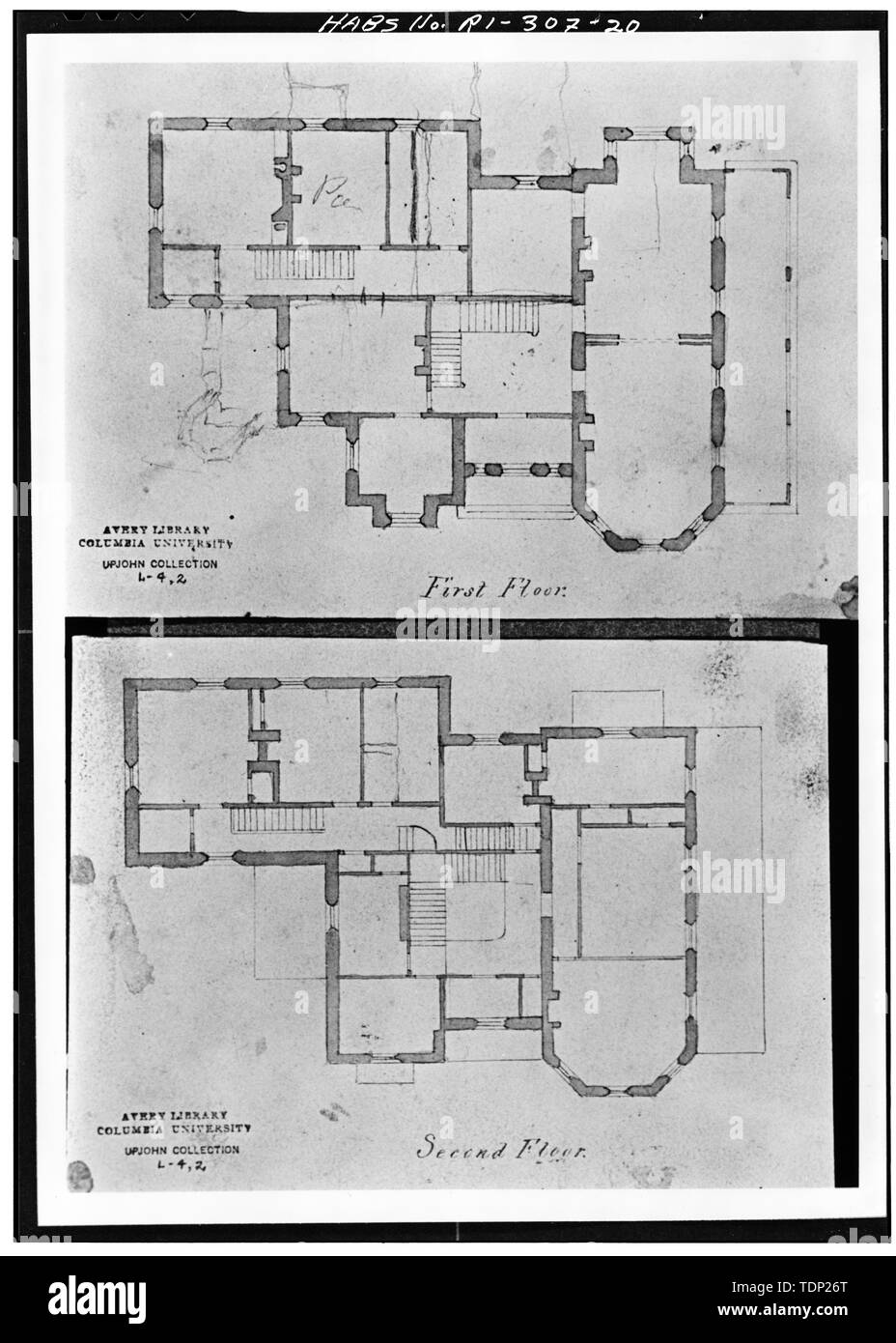 Photocopy of ink and wash drawing by Richard Upjohn, circa 1839, in Avery Library, Columbia University FIRST AND SECOND FLOOR PLANS - Kingscote, Bellevue Avenue and Bowery Street, Newport, Newport County, RI; Upjohn, Richard; Mason, George Champlin, Jr; White, Stanford; Newton, Dudley; Preservation Society of Newport County Stock Photo
