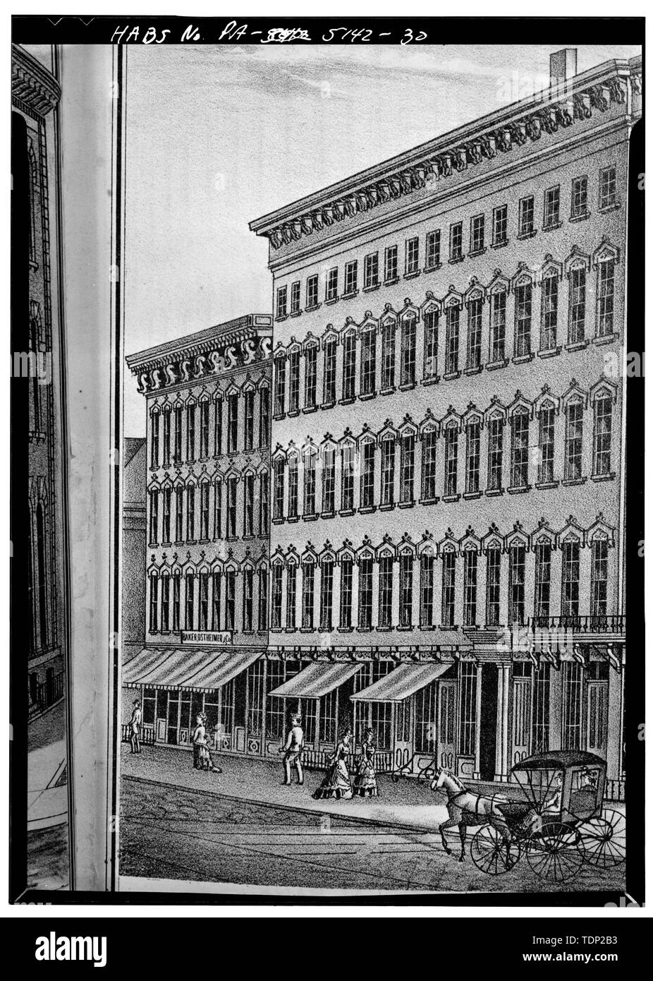 Photocopy of lithograph showing Empire Stores at corner (Baker