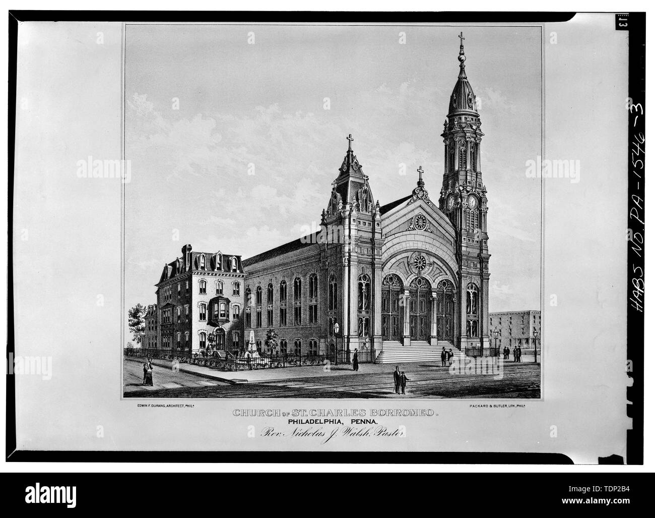Photocopy of lithograph, VIEW OF CHURCH, ca. 1885. In the collection of the American Catholic Historical Society, Philadelphia, Pa. - St. Charles Borromeo Roman Catholic Church, 900 South Twentieth Street, Philadelphia, Philadelphia County, PA Stock Photo