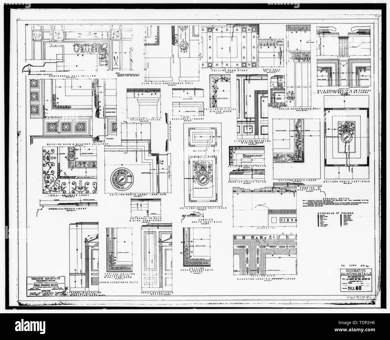 Photocopy of measured drawing (from National Record Center, Suitland, Maryland, R.G. 121-76-301, Box 89, No. DC 0020 ZZ 361) Buell, Solon, delineator 2 December 1936 DECORATIVE PAINTING DETAILS, 'DRAWING NO. 60' - U.S. Department of the Interior, Eighteenth and C Streets Northwest, Washington, District of Columbia, DC Stock Photo