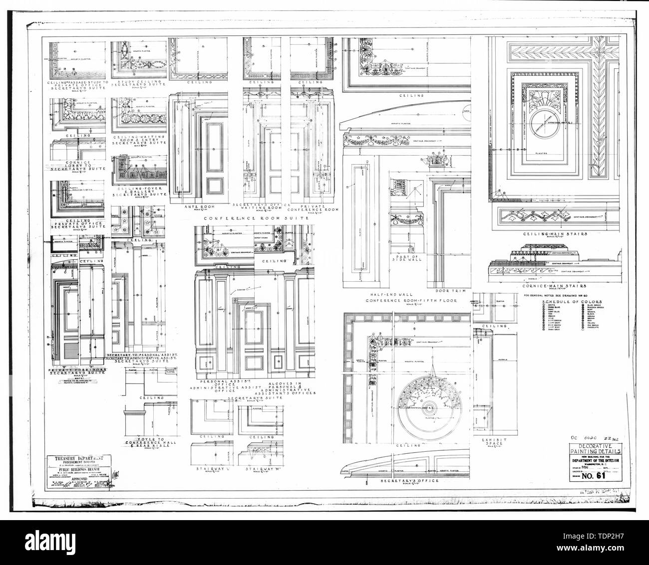 Photocopy of measured drawing (from National Record Center, Suitland, Maryland, R.G. 121-76-301, Box 89, No. DC 0020 ZZ 362) Buell Solon, delineator 2 December 1936 DECORATIVE PAINTING DETAILS, 'DRAWING NO. 61' - U.S. Department of the Interior, Eighteenth and C Streets Northwest, Washington, District of Columbia, DC Stock Photo