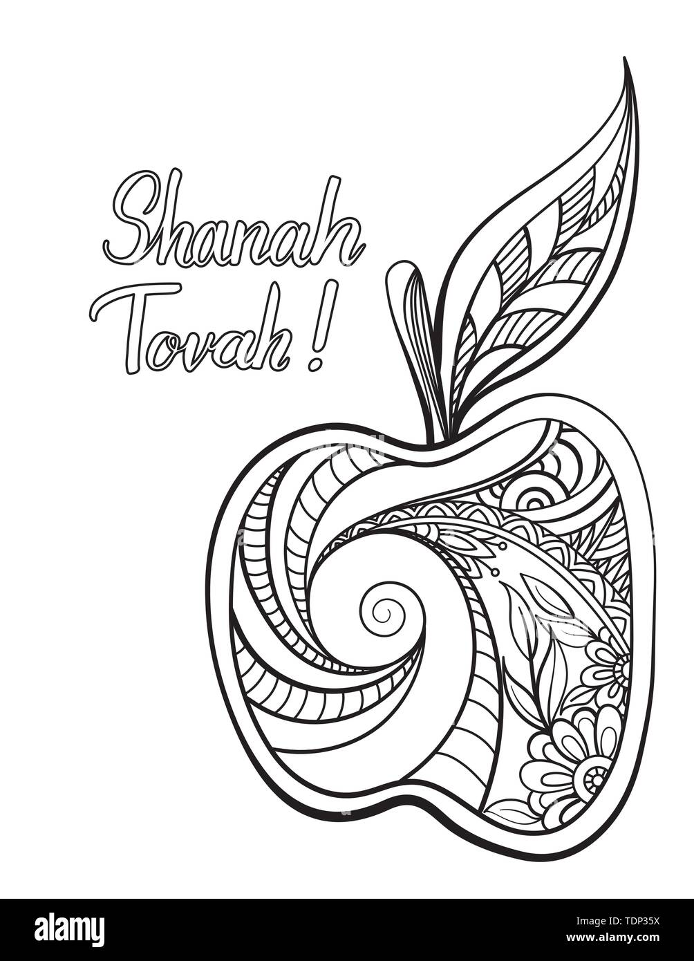Rosh hashanah - Jewish New Year coloring page with apple. Hebrew text Happy New Year. Black and white vector illustration. Stock Vector
