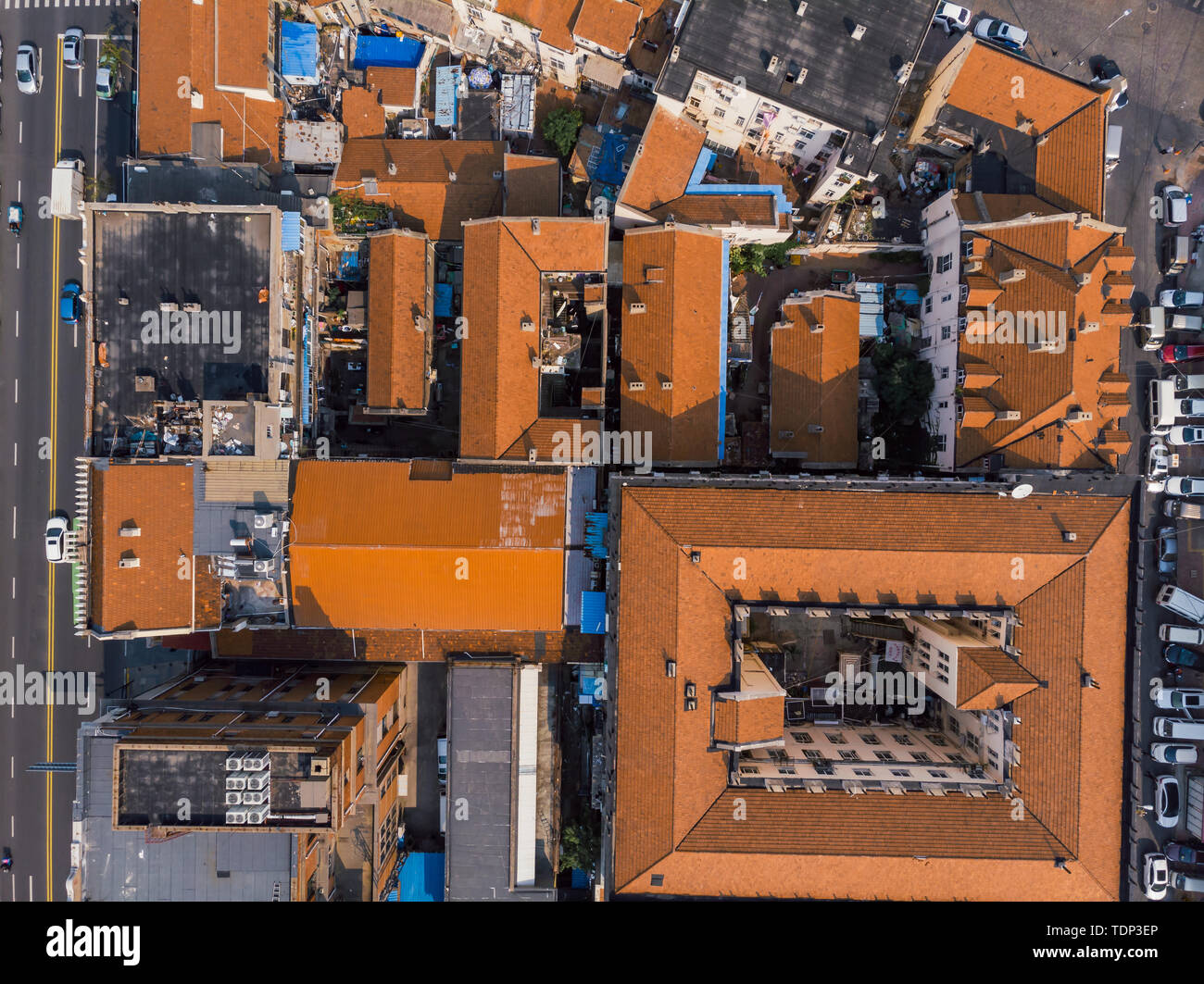 Red tile green trees and streets under Qingdao aerial camera Stock Photo