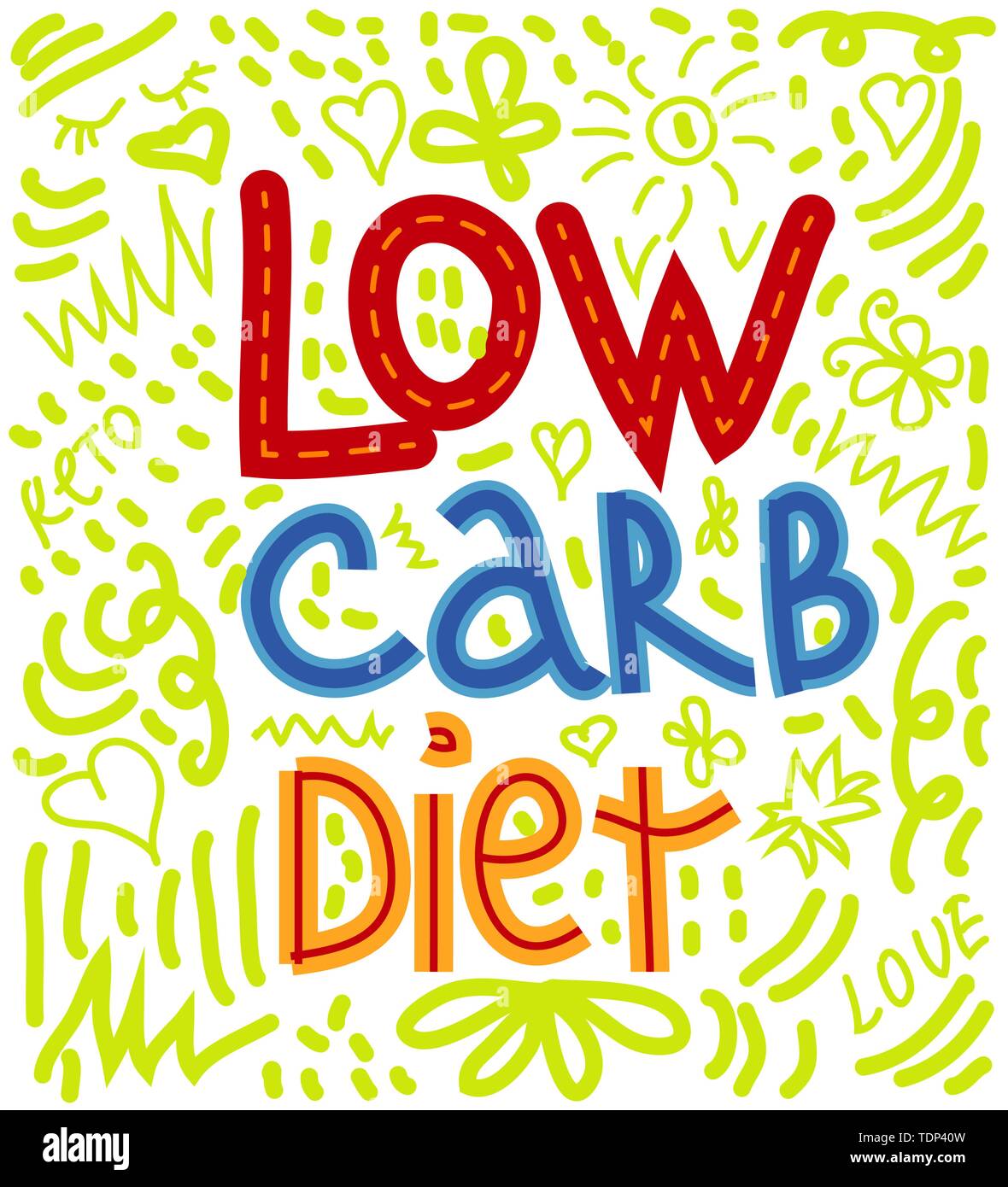 Low carb diet color lettering isolated. Hand drawn in cute cartoon