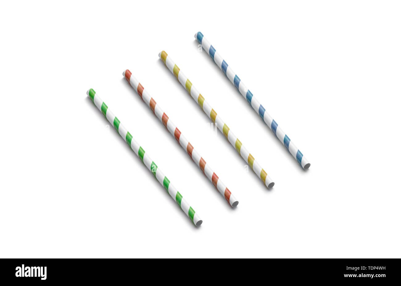 Blank colored paper straws mock up isolated, side view, 3d rendering. Clear coloured drinking stick mockup. Empty plastic drink tubule for juice and water. Empty striped soloma for restaurant. Stock Photo