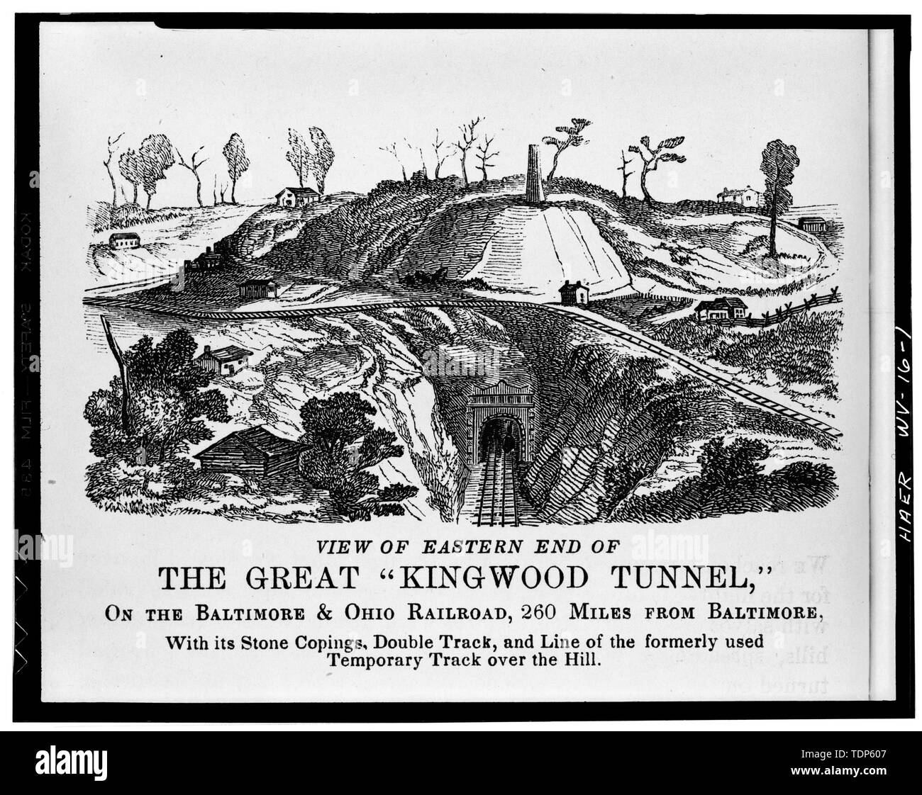 Photocopied 1974, The Book of the Great Railway Celebrations of 1857, William Prescott Smith, New York, D. Appleton and Co., 1857 DRAWING SHOWING THE EASTERN END OF THE KINGWOOD TUNNEL. - Baltimore and Ohio Railroad, Kingwood Tunnel, Tunnelton, Preston County, WV; Fink, Albert; LaTrobe, Benjamin H Stock Photo