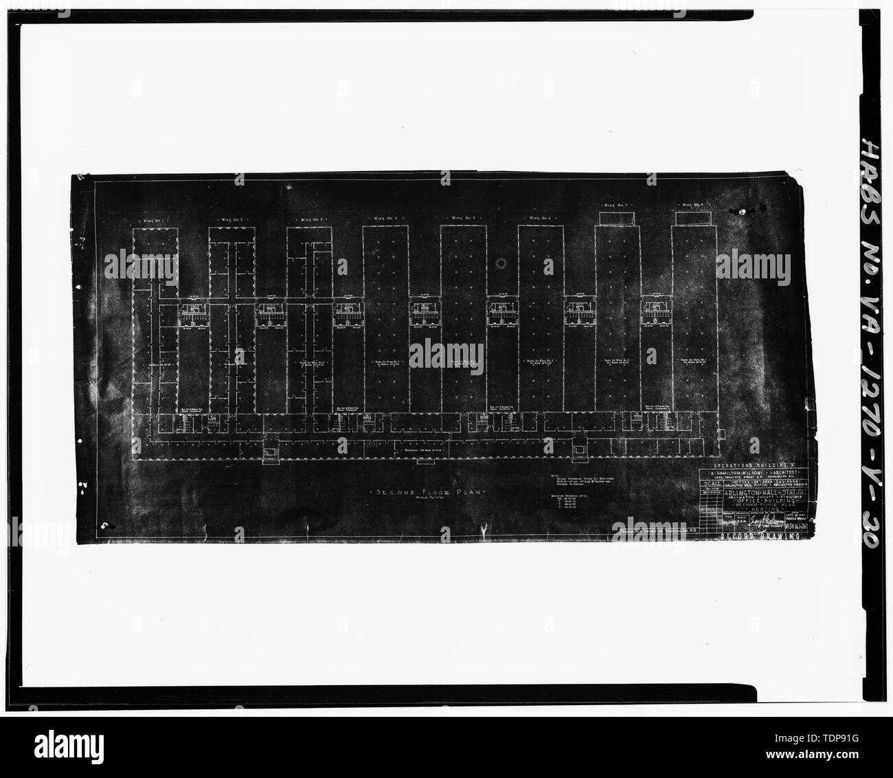 Photocopy of architectural drawing, September 1942 (original on file at U.S. Army Intelligence Security Command, Fort Belvoir, Virginia). OPERATIONS BUILDING 'A', ARLINGTON HALL STATION. OFFICE BUILDING - SECOND FLOOR PLAN - HEATING. DRAWING M-24-161-26. - Arlington Hall Station, Building No. 401, 4000 Arlington Boulevard, Arlington, Arlington County, VA; Van Dyke, Tina, transmitter Stock Photo