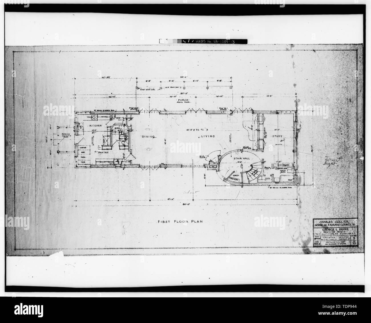 Photocopy of blackline print in possession of Mrs. William L. Reno. Original drawing by George Locke Howe, Architect 1938. 'FIRST FLOOR PLAN' - Mr. and Mrs. Charles Collier House, 6080 Leesburg Pike, Falls Church, Falls Church, VA; Howe, George Locke; Keily, Dan; Morris, Scott, transmitter Stock Photo
