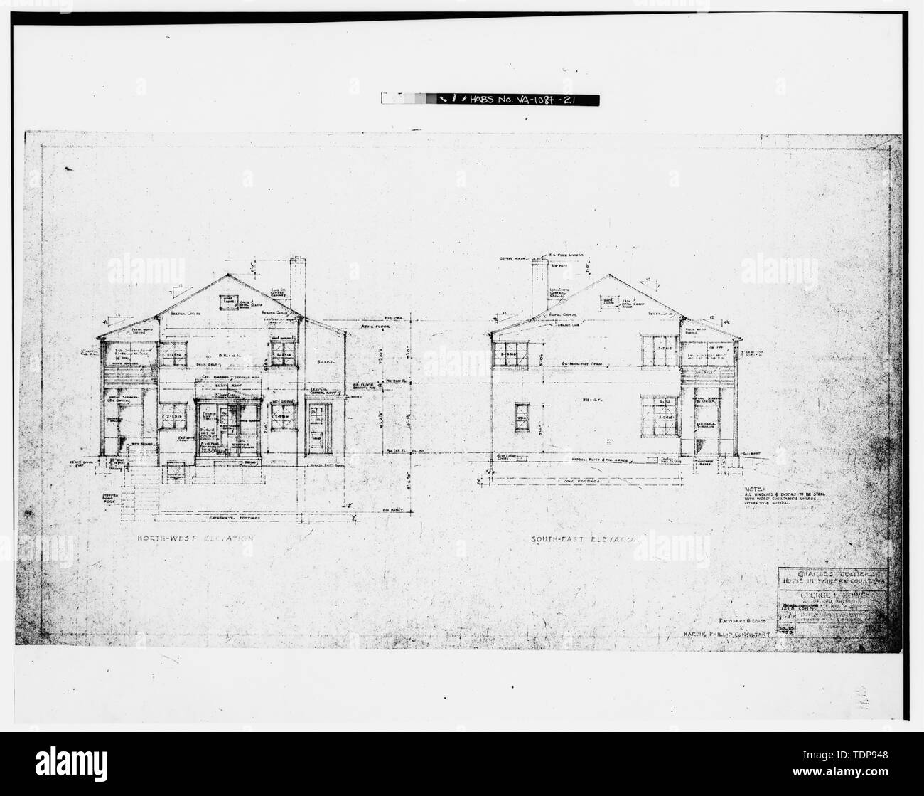 Photocopy of blackline print in possession of Mrs. William L. Reno. Original drawing by George Locke Howe, Architect 1938. 'NORTH-WEST ELEVATION' AND 'SOUTH-EAST ELEVATION' - Mr. and Mrs. Charles Collier House, 6080 Leesburg Pike, Falls Church, Falls Church, VA; Howe, George Locke; Keily, Dan; Morris, Scott, transmitter Stock Photo