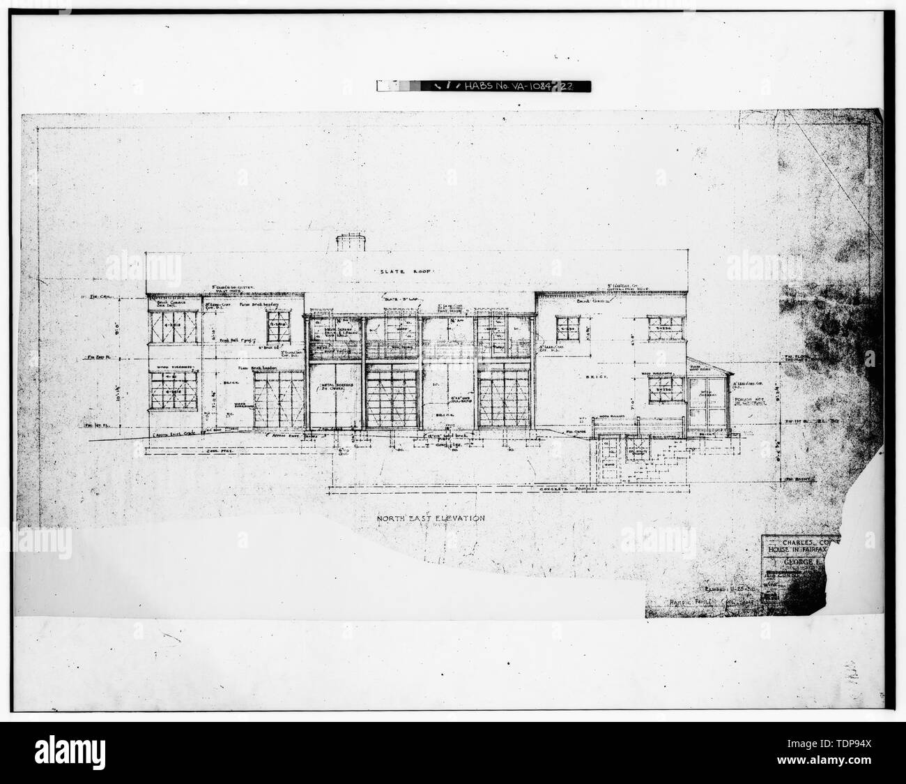 Photocopy of blackline print in possession of Mrs. William L. Reno. Original drawing by George Locke Howe, Architect 1938. 'NORTH EAST ELEVATION' - Mr. and Mrs. Charles Collier House, 6080 Leesburg Pike, Falls Church, Falls Church, VA; Howe, George Locke; Keily, Dan; Morris, Scott, transmitter Stock Photo