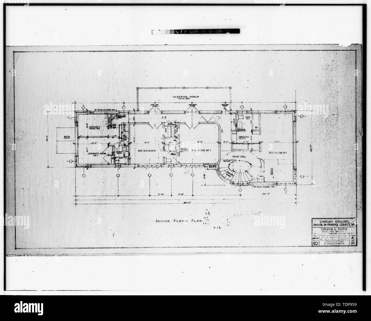 Photocopy of blackline print in possession of Mrs. William L. Reno. Original drawing by George Locke Howe, Architect 1938. 'SECOND FLOOR PLAN' - Mr. and Mrs. Charles Collier House, 6080 Leesburg Pike, Falls Church, Falls Church, VA; Howe, George Locke; Keily, Dan; Morris, Scott, transmitter Stock Photo