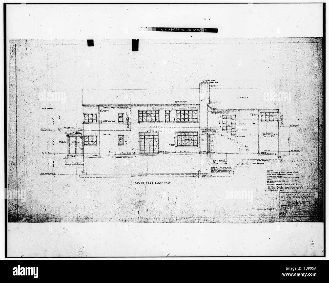 Photocopy of blackline print in possession of Mrs. William L. Reno. Original drawing by George Locke Howe, Architect 1938. 'SOUTH WEST ELEVATION' - Mr. and Mrs. Charles Collier House, 6080 Leesburg Pike, Falls Church, Falls Church, VA; Howe, George Locke; Keily, Dan; Morris, Scott, transmitter Stock Photo