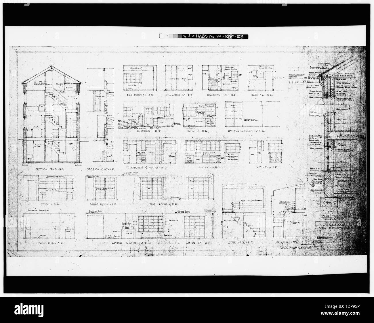 Photocopy of blackline print in possession of Mrs. William L. Reno. Original drawing by George Locke Howe, Architect 1938. SHEET OF SECTIONS AND ROOM ELEVATIONS - Mr. and Mrs. Charles Collier House, 6080 Leesburg Pike, Falls Church, Falls Church, VA; Howe, George Locke; Keily, Dan; Morris, Scott, transmitter Stock Photo