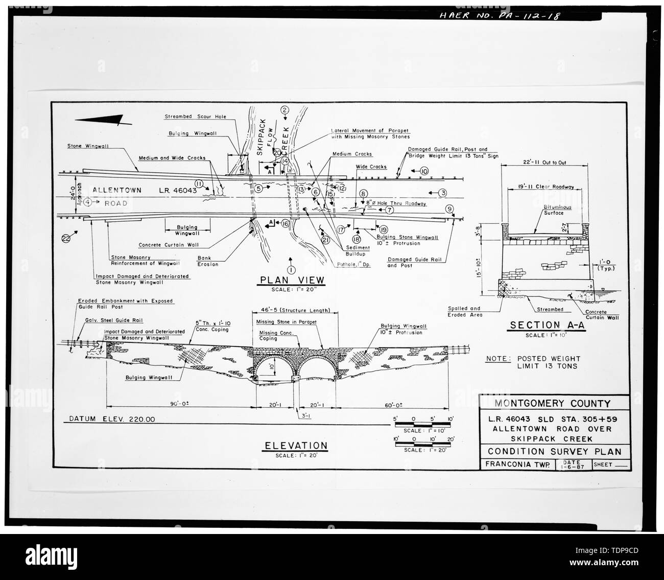 Photocopy of bridge drawing, 1987 (original in possession of Pickering, Corts, and Sumerson, Inc.) ELEVATION, PLAN, AND SECTION - Allentown Road Bridge, Spanning Skippack Creek on Allentown Road, Franconia, Montgomery County, PA; Cresson, James; Just, William; Pennsylvania Department of Transportation; Moore, William; Pennemen, Robert; Houpt, Ezekiel; Houpt, Isaiah B; Hagey, Henry; Spero, Paula A, C, contractor; Shelley, Robert C, photographer Stock Photo