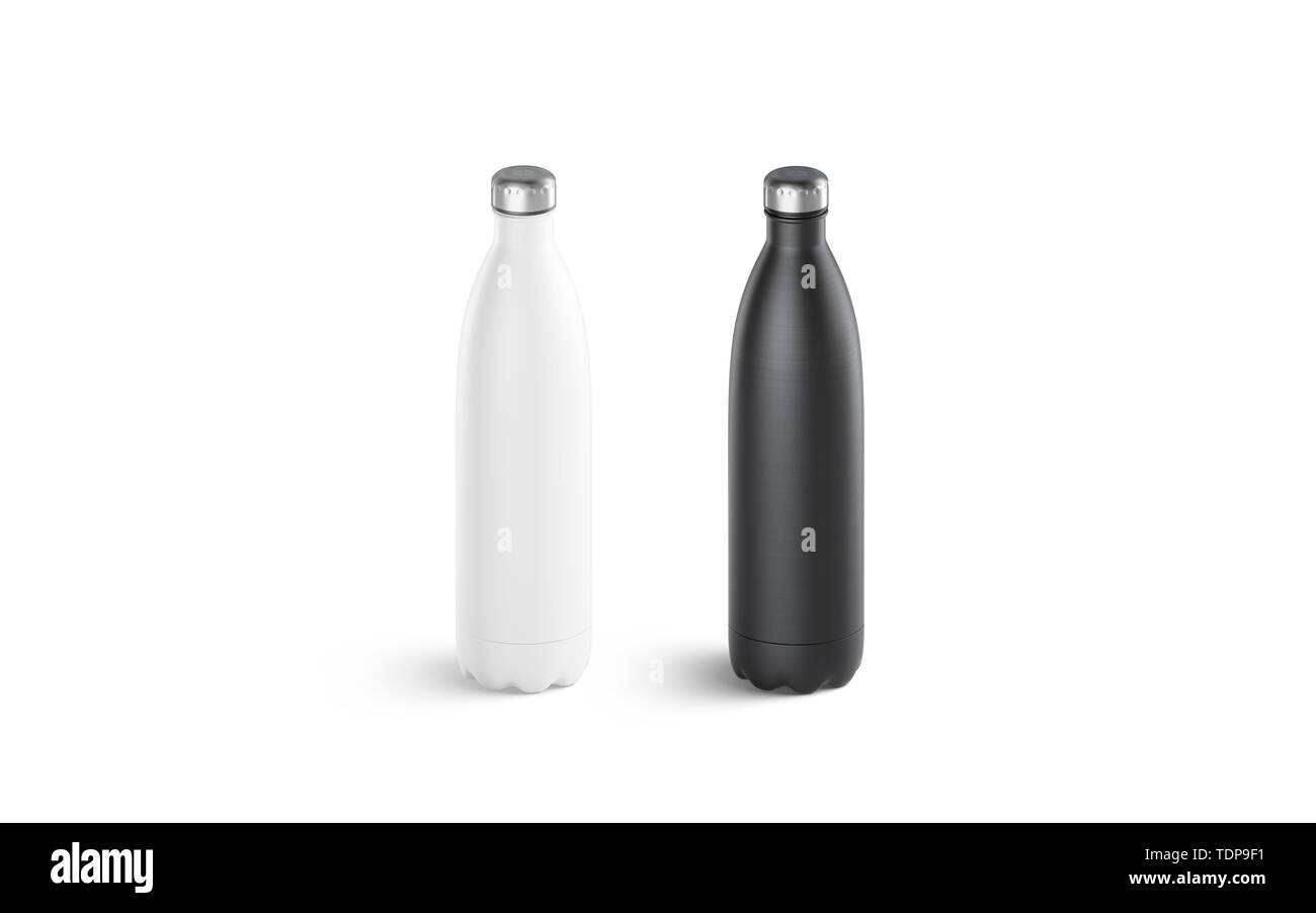 Blank white and black thermo sport bottles mockup, side view, 3d rendering. Empty fitness metal bottle with lid mockup isolated. Clear vacuum vessel of chrome for water template. Clear leak proof jug. Stock Photo