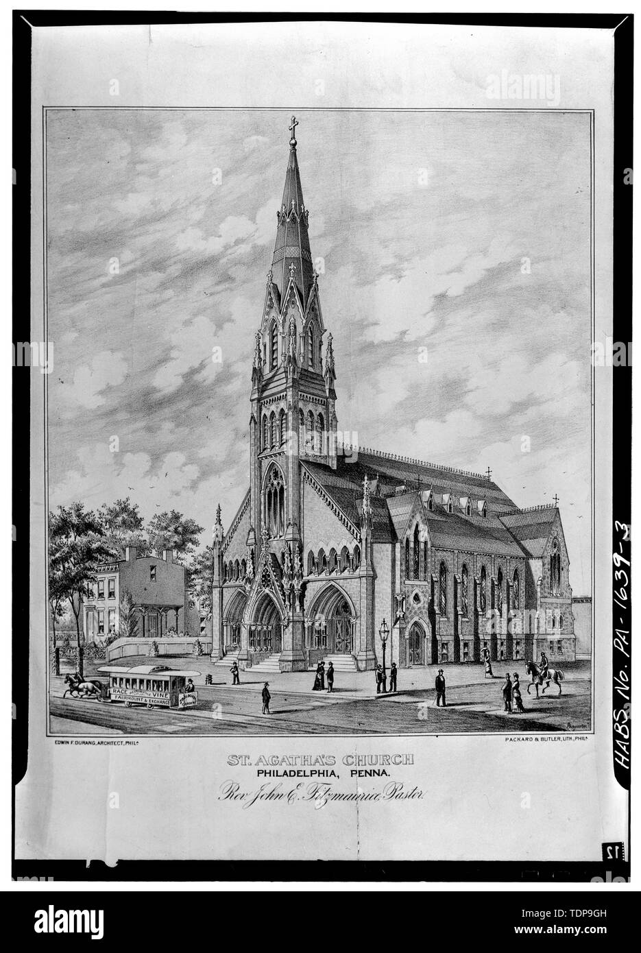 Photocopy of ca. 1885 lithograph, VIEW OF CHURCH (note presence of spire). Lithograph at American Catholic Historical Society, Philadelphia, Pa. - St. Agatha's Roman Catholic Church, 3801 Spring Garden Street, Philadelphia, Philadelphia County, PA Stock Photo