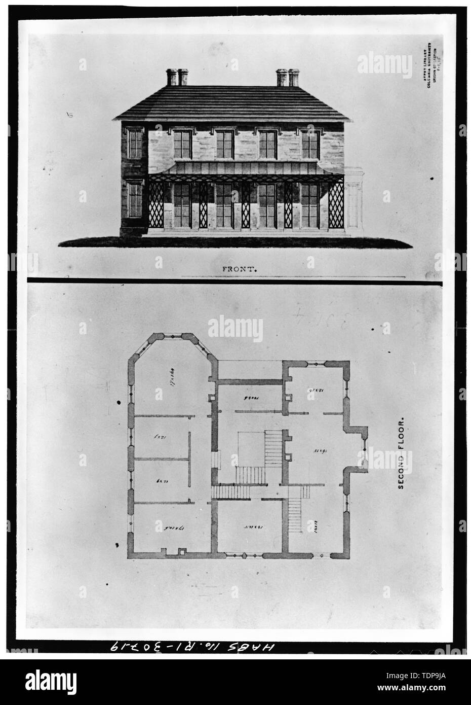 Photocopy of circa 1839 ink and wash drawing by Richard Upjohn in Avery Library, Columbia University EAST ELEVATION (above) AND SECOND-FLOOR PLAN (below) - Kingscote, Bellevue Avenue and Bowery Street, Newport, Newport County, RI; Upjohn, Richard; Mason, George Champlin, Jr; White, Stanford; Newton, Dudley; Preservation Society of Newport County Stock Photo